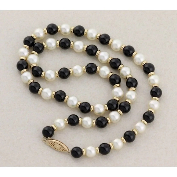 14k Yellow Gold Freshwater Pearl, Onyx, Gold Bead Strand Necklace 19.25" - Picture 4 of 8